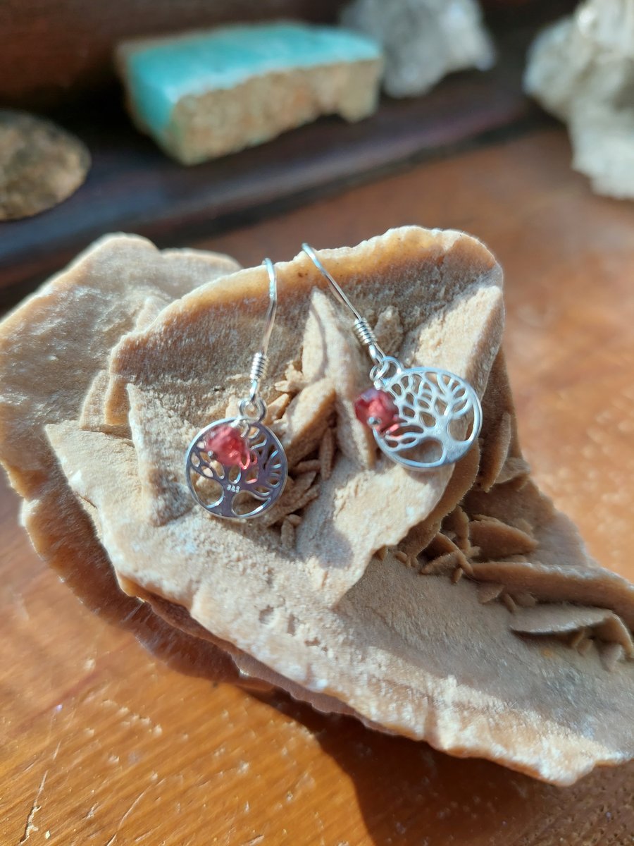 Sterling Silver and Ruby Tree of Life Earrings - July Birthstone