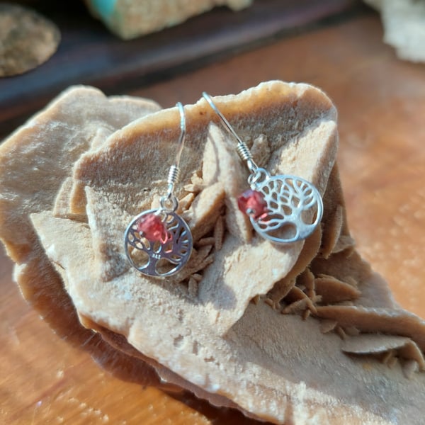 Sterling Silver and Ruby Tree of Life Earrings - July Birthstone