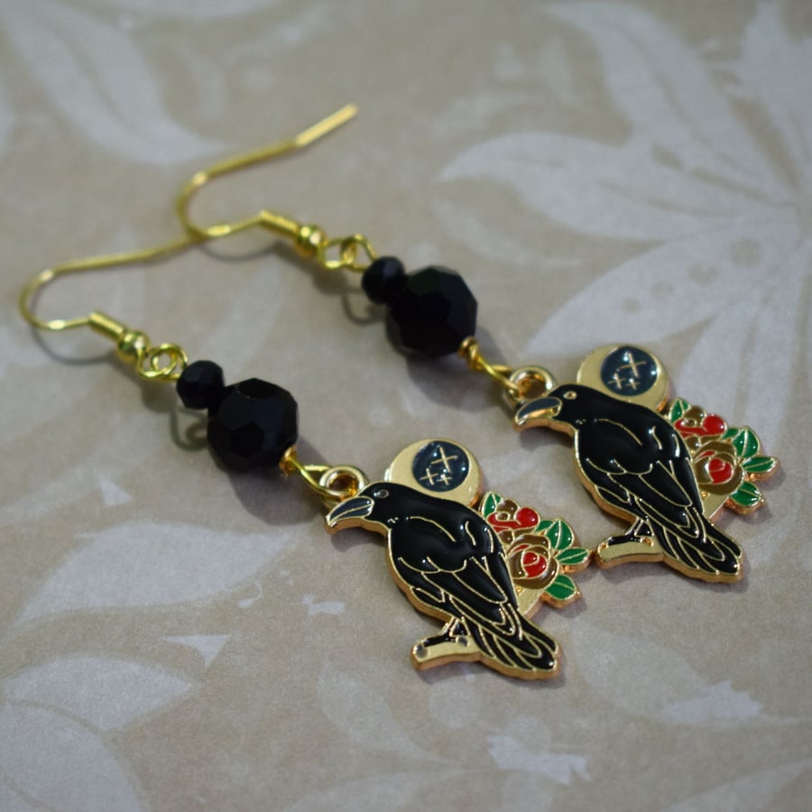 Raven and Crescent Moon Gothic Earrings