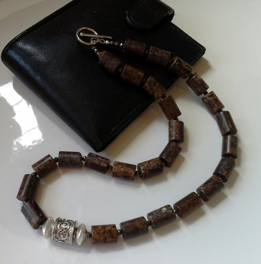 Men's Wood Jasper & 13.25cts Pyrite Sterling Silver Men's Necklace