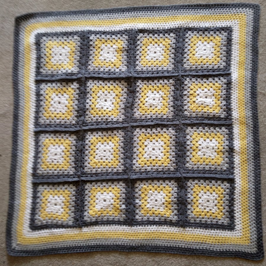 Crochet Granny Squares Baby Blanket or Lap Blanket, greys and yellow