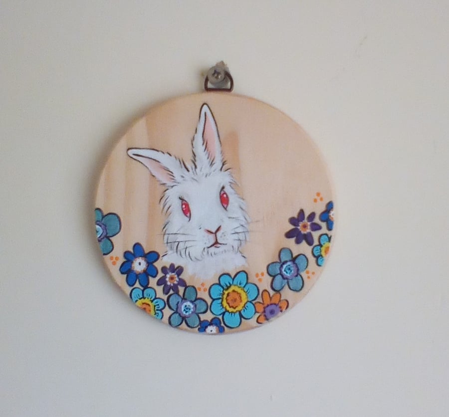Floral Bunny Hanging Decoration Hand Painted White Rabbit with Flowers