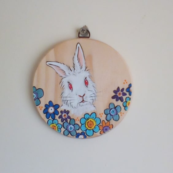 Floral Bunny Hanging Decoration Hand Painted White Rabbit with Flowers