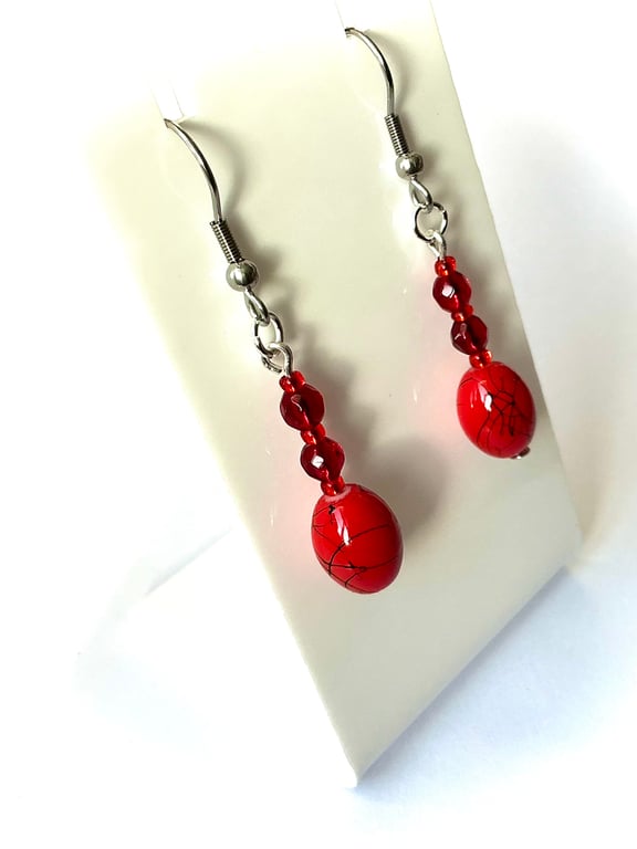 Bright Red Oval Bead Earrings