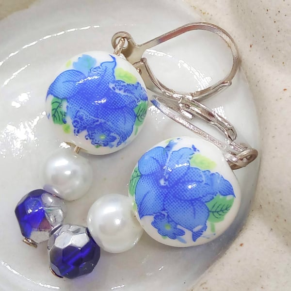Blue and White Floral Bead Earrings With Pearl and Crystal Beads, Gift for Her