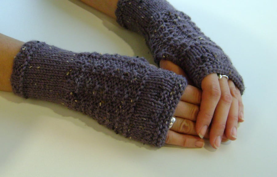 Fingerless Gloves Mittens Wrist Warmers in Dusky Grape Aran Wool