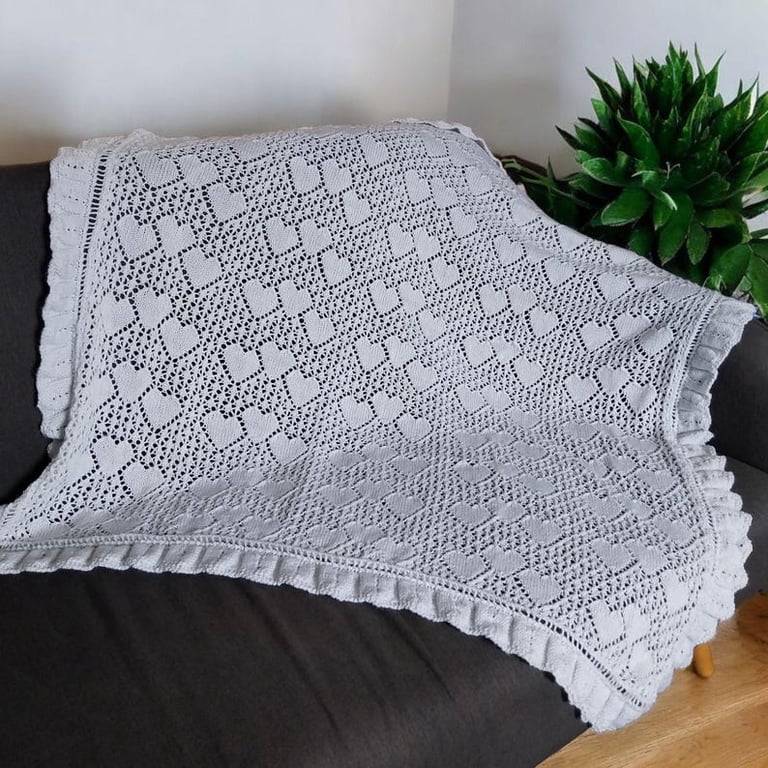 Hand Knitted Baby Shawl, Grey Heart Lace Christening Blanket