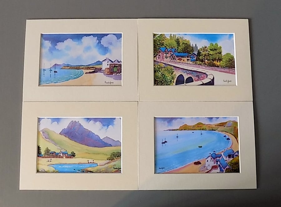  Set of 4 Watercolour Prints in 8 x 6'' Mounts, Scenes of North Wales.