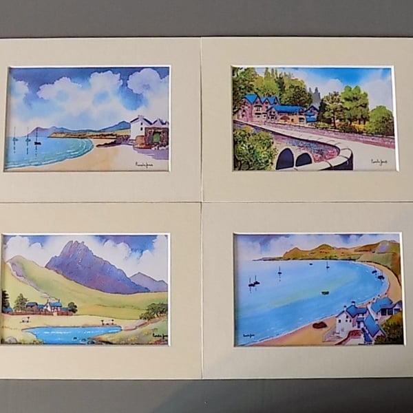  Set of 4 Watercolour Prints in 8 x 6'' Mounts, Scenes of North Wales.