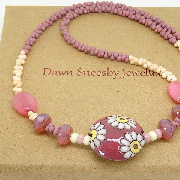 Ceramic Necklace, Czech Glass Necklace, Pink Necklace, Cream Necklace,Handmade  