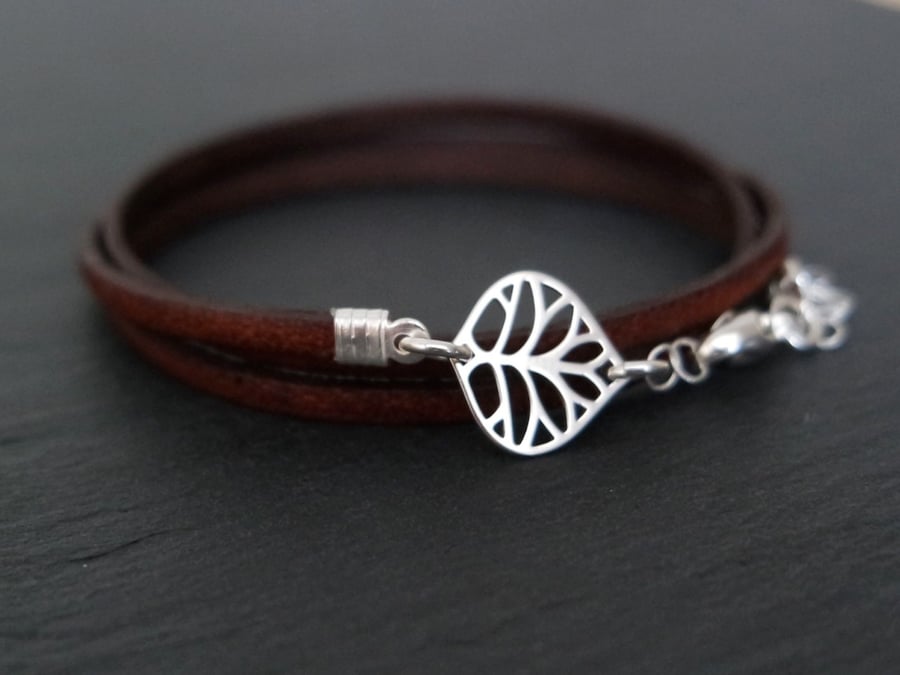 Leaf silver bracelet leather wrap 925 sterling silver leaves tree nature