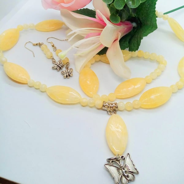 Semi Precious Lemon Jade Jewellery Set with Butterfly Pendant and Earrings