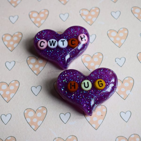 Hug or Cwtch Glitter Heart Brooch, Thinking of You Gift