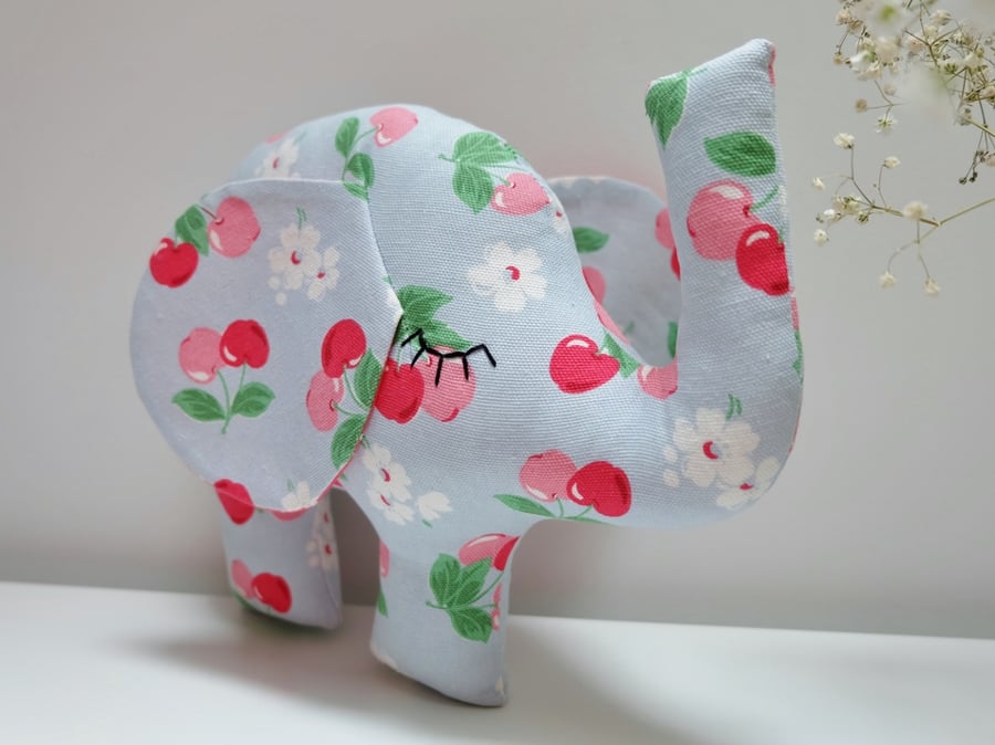 Sweet Cherries Blue Soft Toy Elephant, Elephant Plush Toy in Cherry Fabric