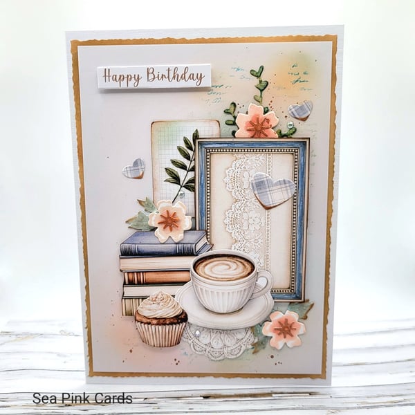 Cosy Birthday Card - autumn flowers, coffee, cupcake, books, decoupage