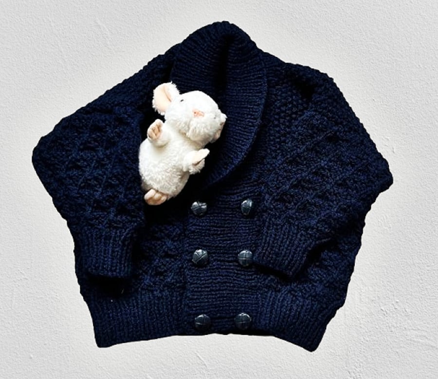 Hand Knitted Double Breasted Cardigan - Navy Blue - Age 3 - 4 years