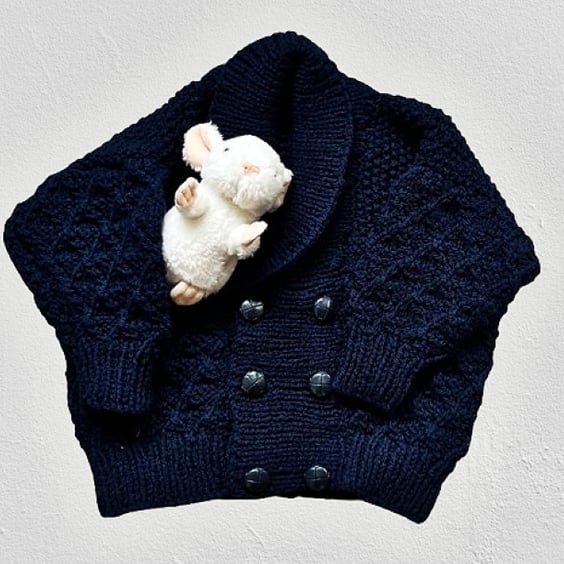 Hand Knitted Double Breasted Cardigan - Navy Blue - Age 3 - 4 years