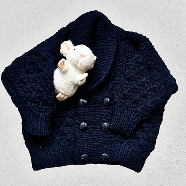 Hand Knitted Double Breasted Cardigan - Navy Blue - Age 3 - 4 years