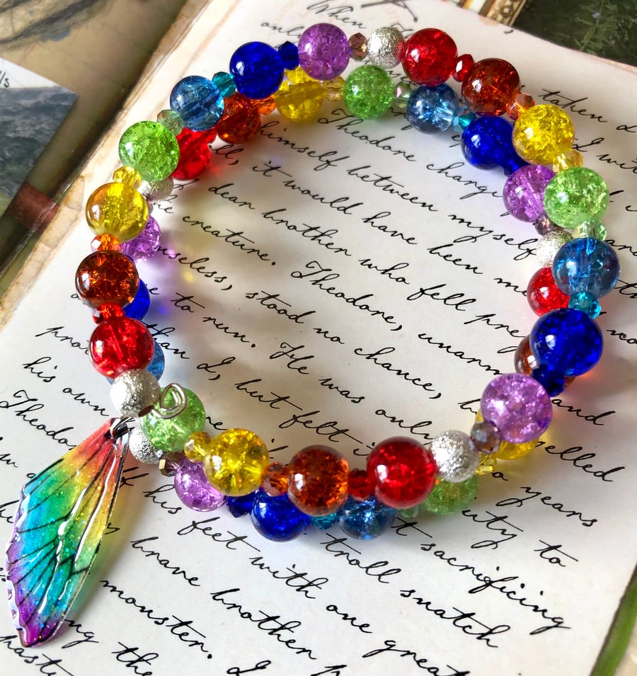 Rainbow Crackle Beaded Star Fairy Wing Wrap Bracelet