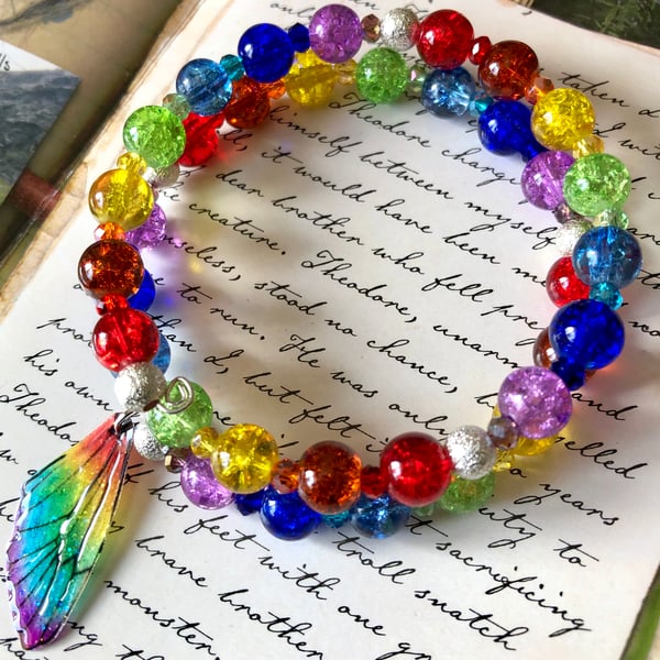 Rainbow Crackle Beaded Star Fairy Wing Wrap Bracelet