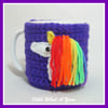 Purple sparkly unicorn and rainbows mug hug, mug cosy