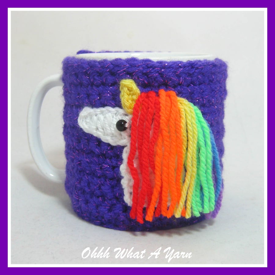 Purple sparkly unicorn and rainbows mug hug, mug cosy