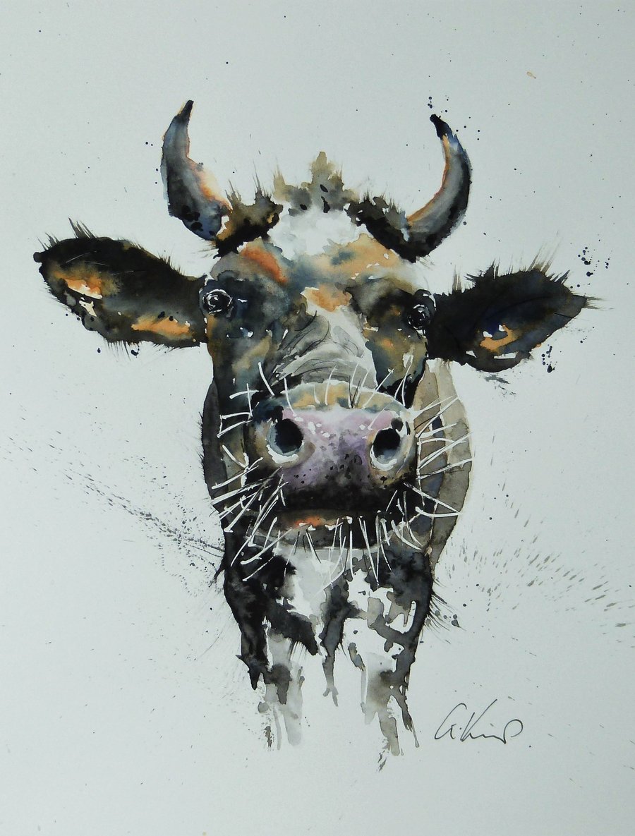 Kissing Cow, Original Watercolour Painting.
