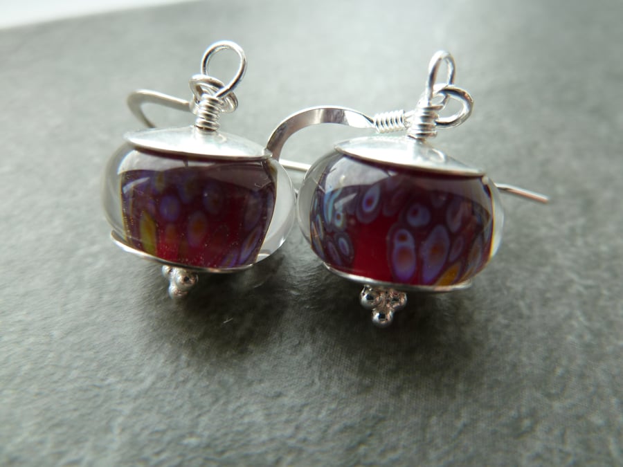 sterling silver earrings, red lampwork glass