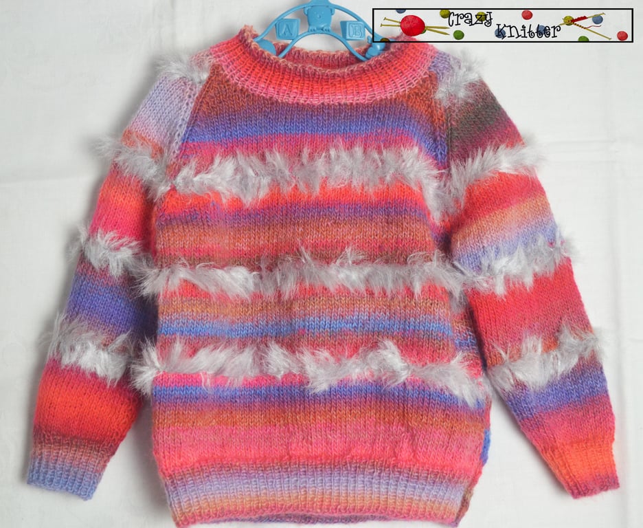 Hand Knitted Baby Raglan Sweater Multicoloured Virgin Wool 18 months