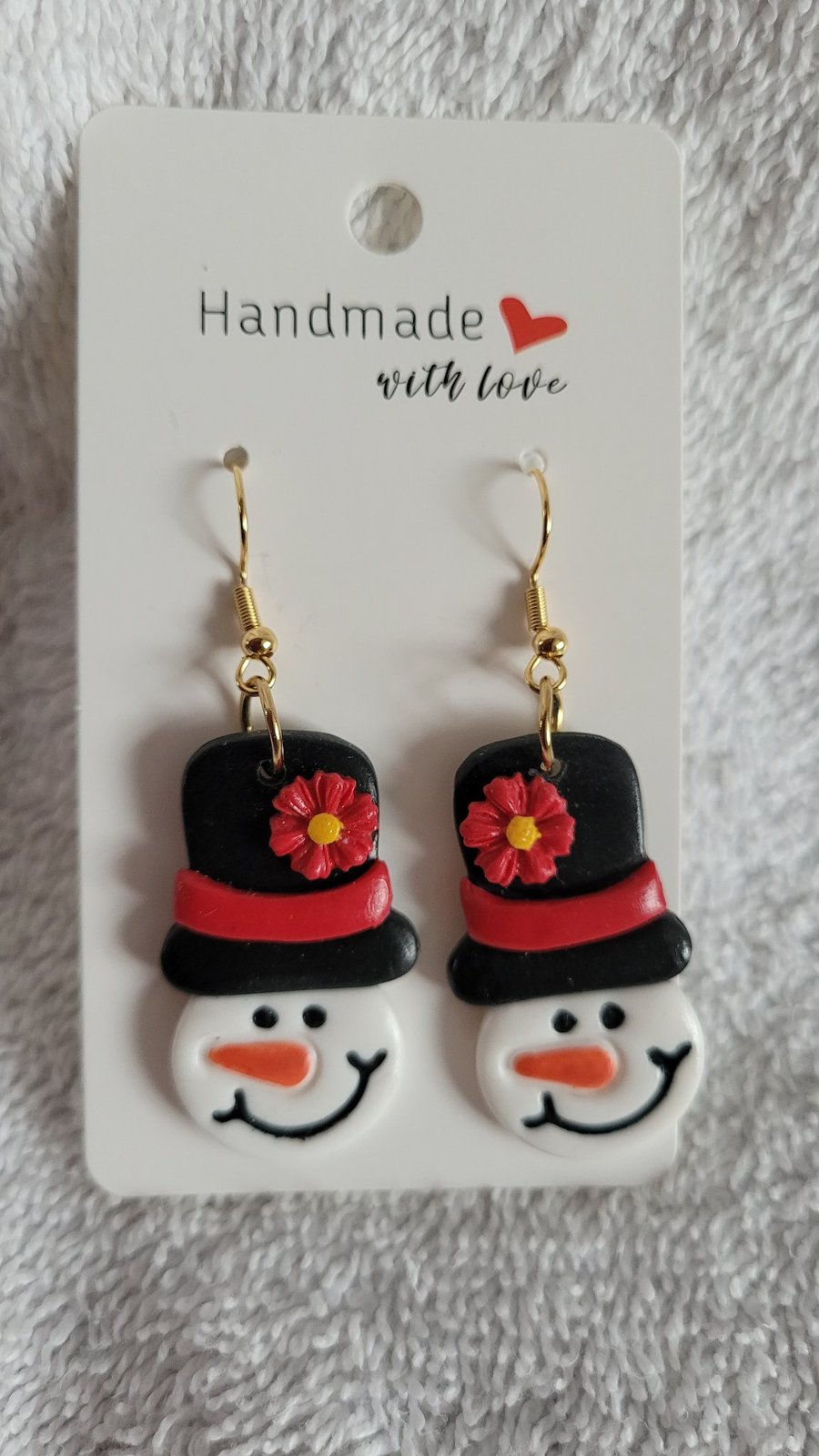 Handmade Snowman with Hat Christmas Polymer Clay Earrings. 316 Stainless Steel