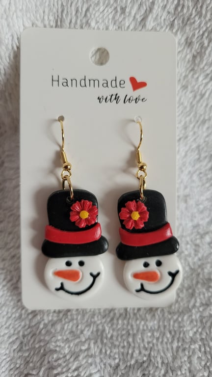 Handmade Snowman with Hat Christmas Polymer Clay Earrings. 316 Stainless Steel