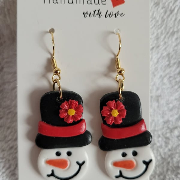 Handmade Snowman with Hat Christmas Polymer Clay Earrings. 316 Stainless Steel
