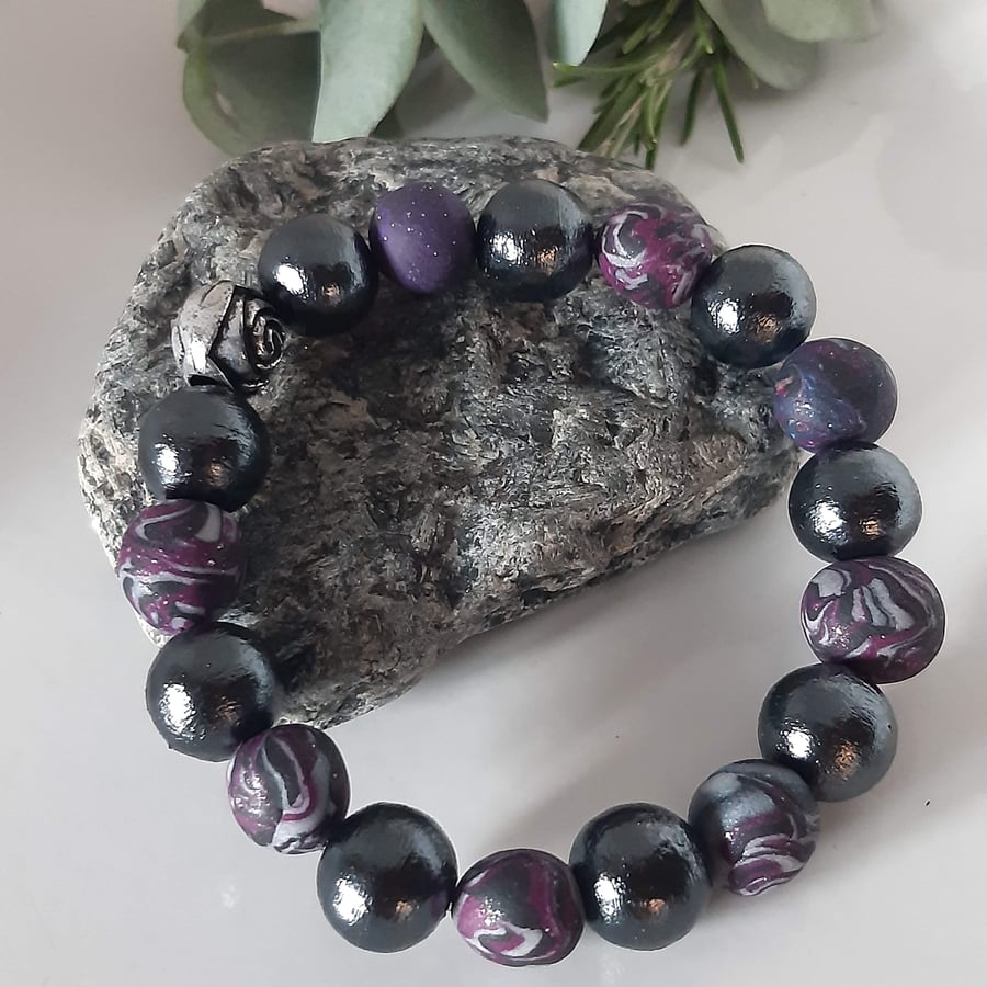  Handmade Polymer Clay Bracelet – Dark Purple, Silver & Black
