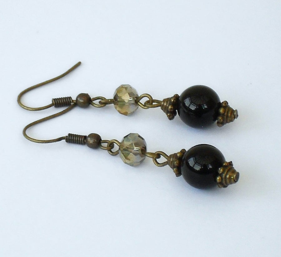 Black onyx and gold crystal vintage style earrings 