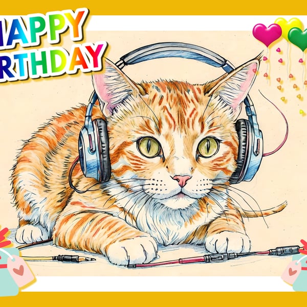 Happy Birthday Cat with Headphones Card A5