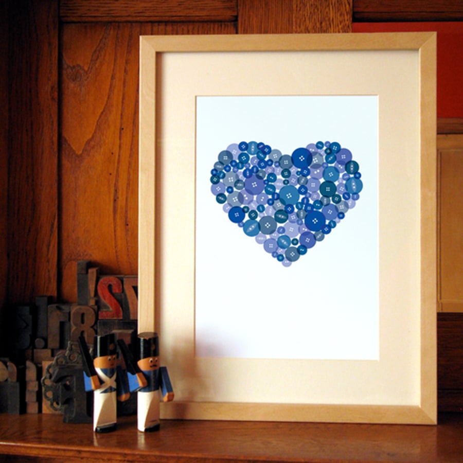 Button Heart in Blue - A4 Giclée Print