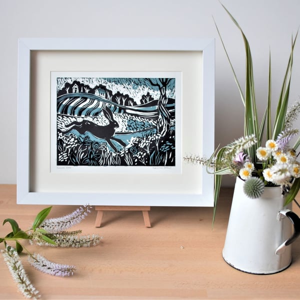 Summer Hare - Framed handmade linocut print by Christine Dracup