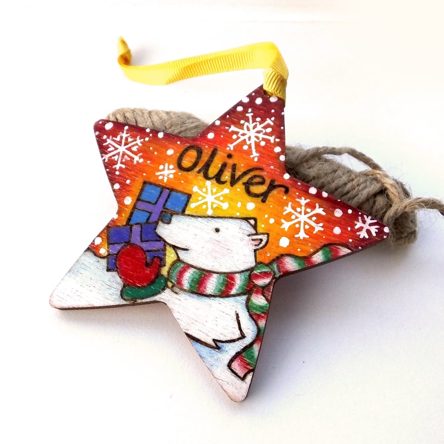 1x First Christmas star personalised wooden tree decoration