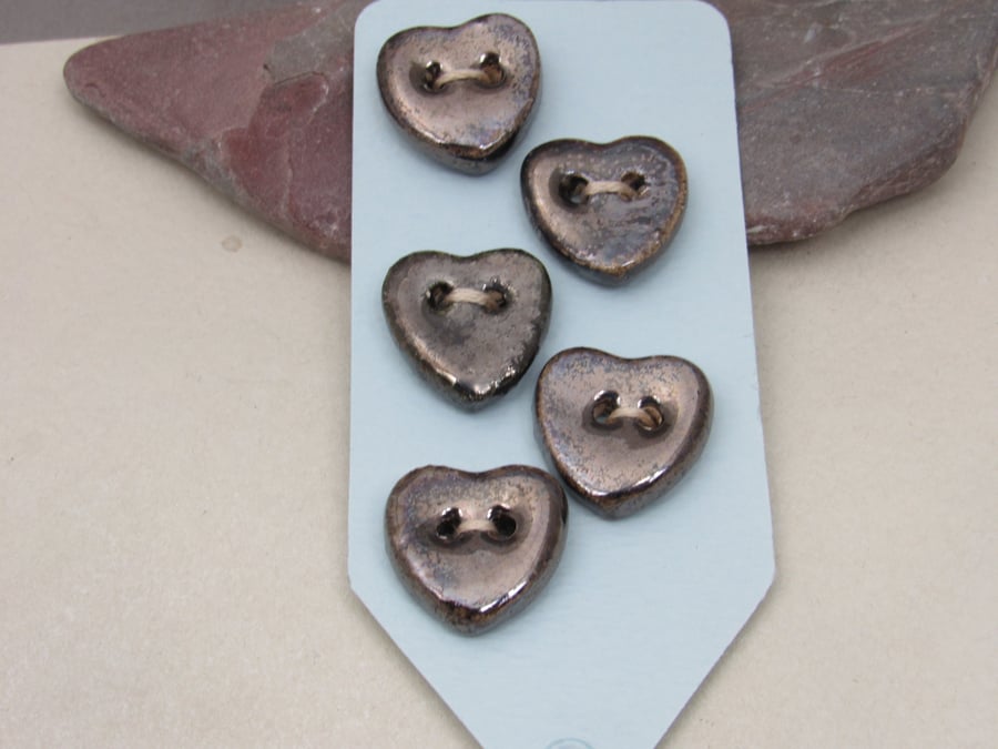 5 Small Heart Shaped Bronze Handmade Ceramic Buttons