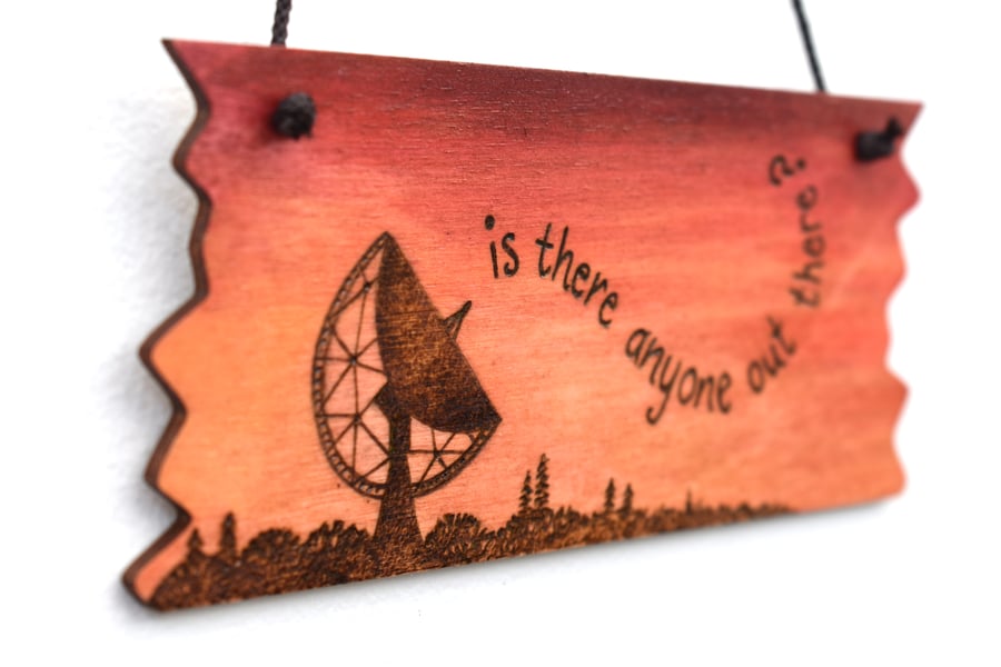 Is there anyone out there? Pyrography hanging plaque. Sunset silhouette.