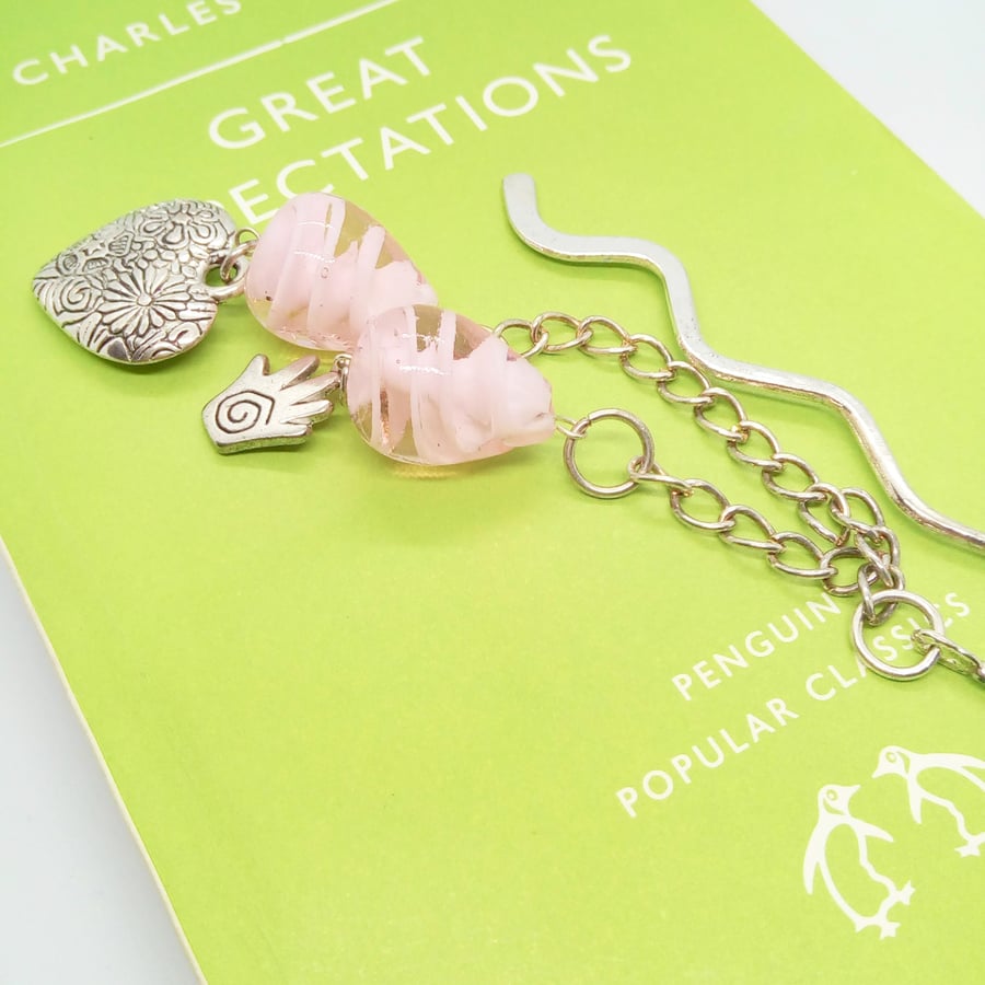 Silver Plated Beaded Bookmark with Pink Beads and Silver Heart & Hand Charms