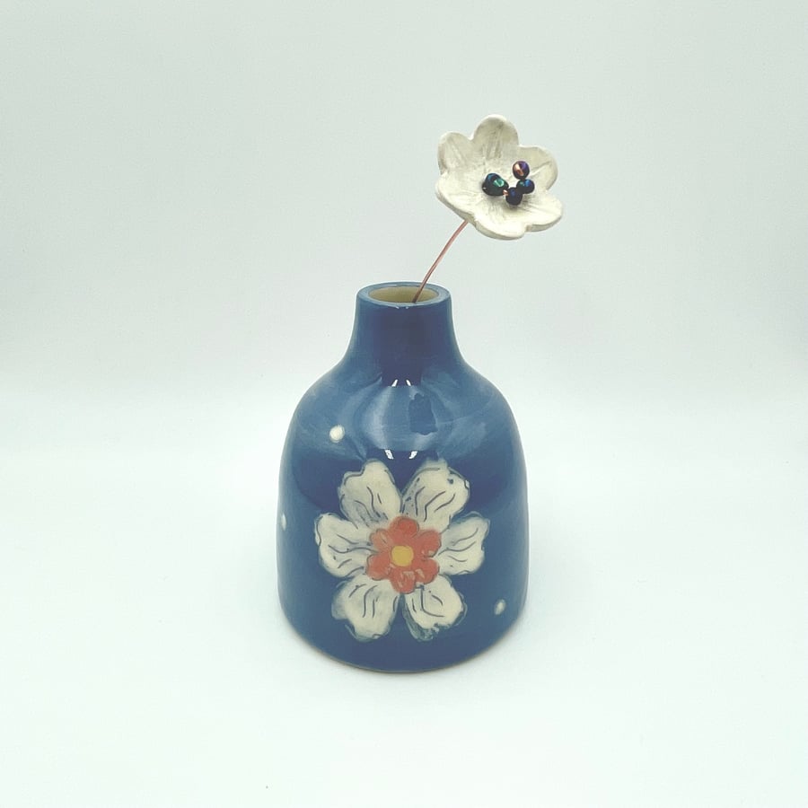 Unique Blue Bottle Bud Vase Flowers Mothers Day Birthday - Handmade Pottery Gift