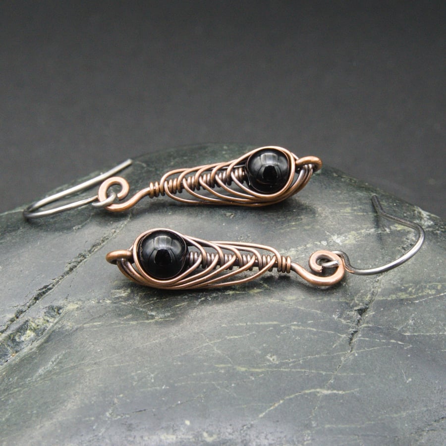 Copper Wire Wrapped Herringbone Long Drop Earrings with Black Onyx Beads