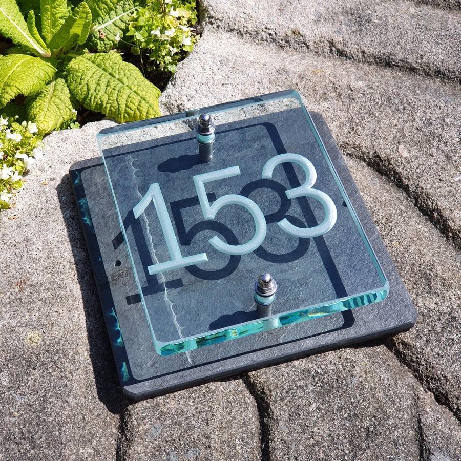 Three Digit Engraved Glass & Slate House Number Sign. Size 20cm x 20cm