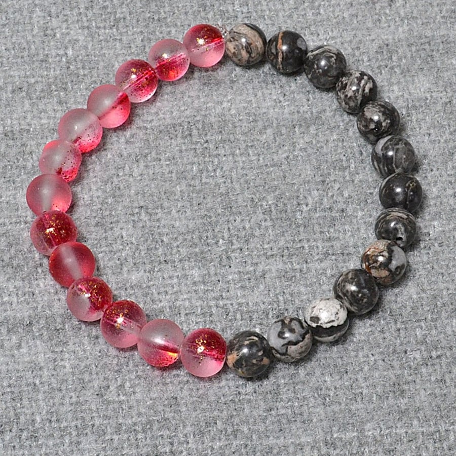 Frosted-Red-Gold Glass & Grey Marbled Stone Bead Elastic Half and Half Bracelet