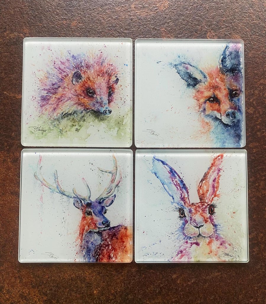 Set of 4 Glass Coasters, British Animals Set 1. Wildlife Coasters, Glass Mats, W