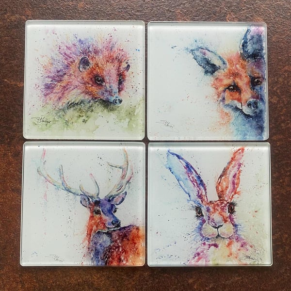 Set of 4 Glass Coasters, British Animals Set 1. Wildlife Coasters, Glass Mats, W