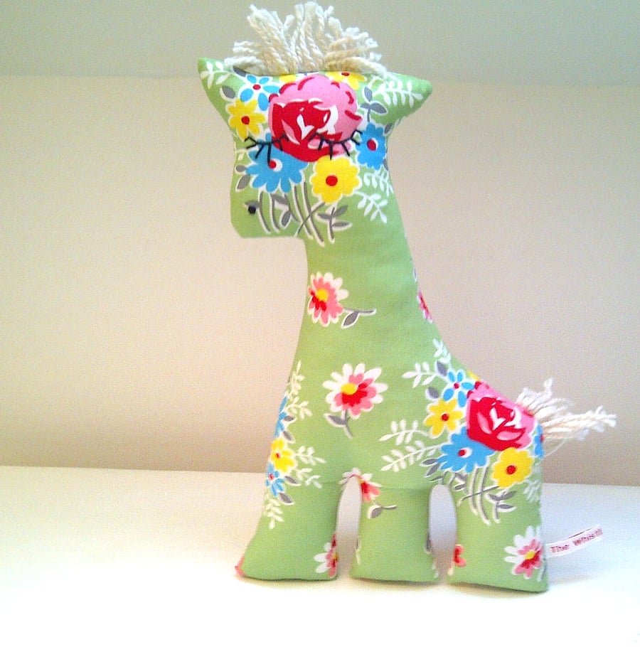 SALE Retro Giraffe Soft Toy, Apple Green and Bright Flowers Fabric