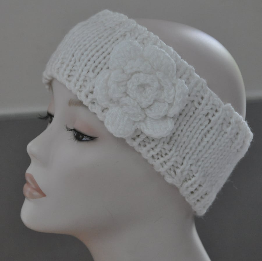 Ladies Hand Knitted Headband Ear Warmer Head Band Crochet Flower White
