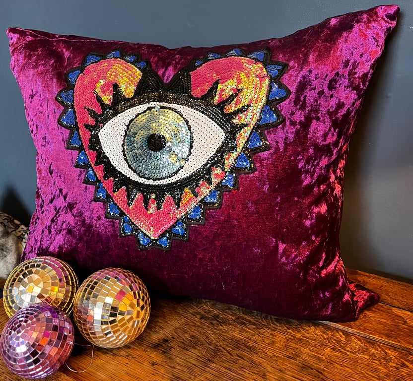 Large Purple Velvet Cushion Eye Heart Feather and Down Pad